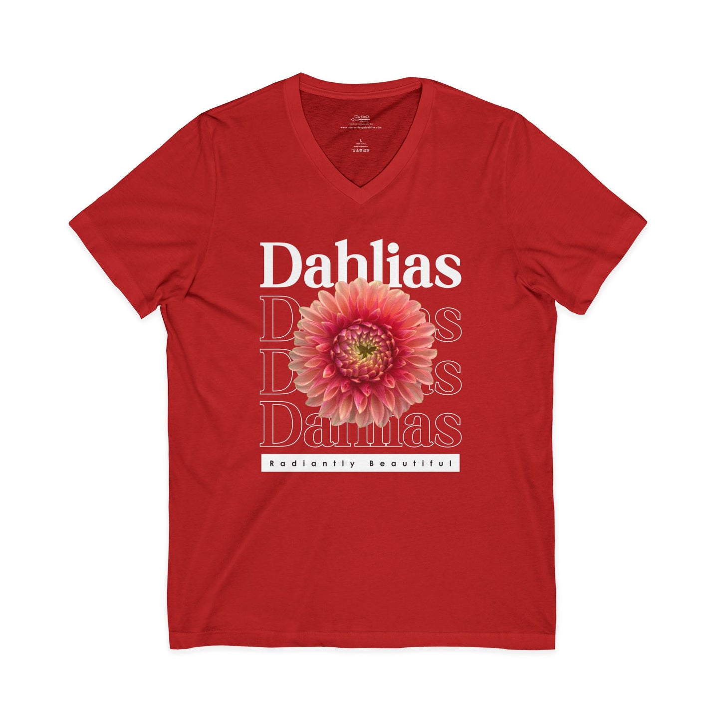 Dahlias Radiantly Beautiful Unisex Jersey Short Sleeve V-Neck Tee San Serif Script Style Peach Bloom