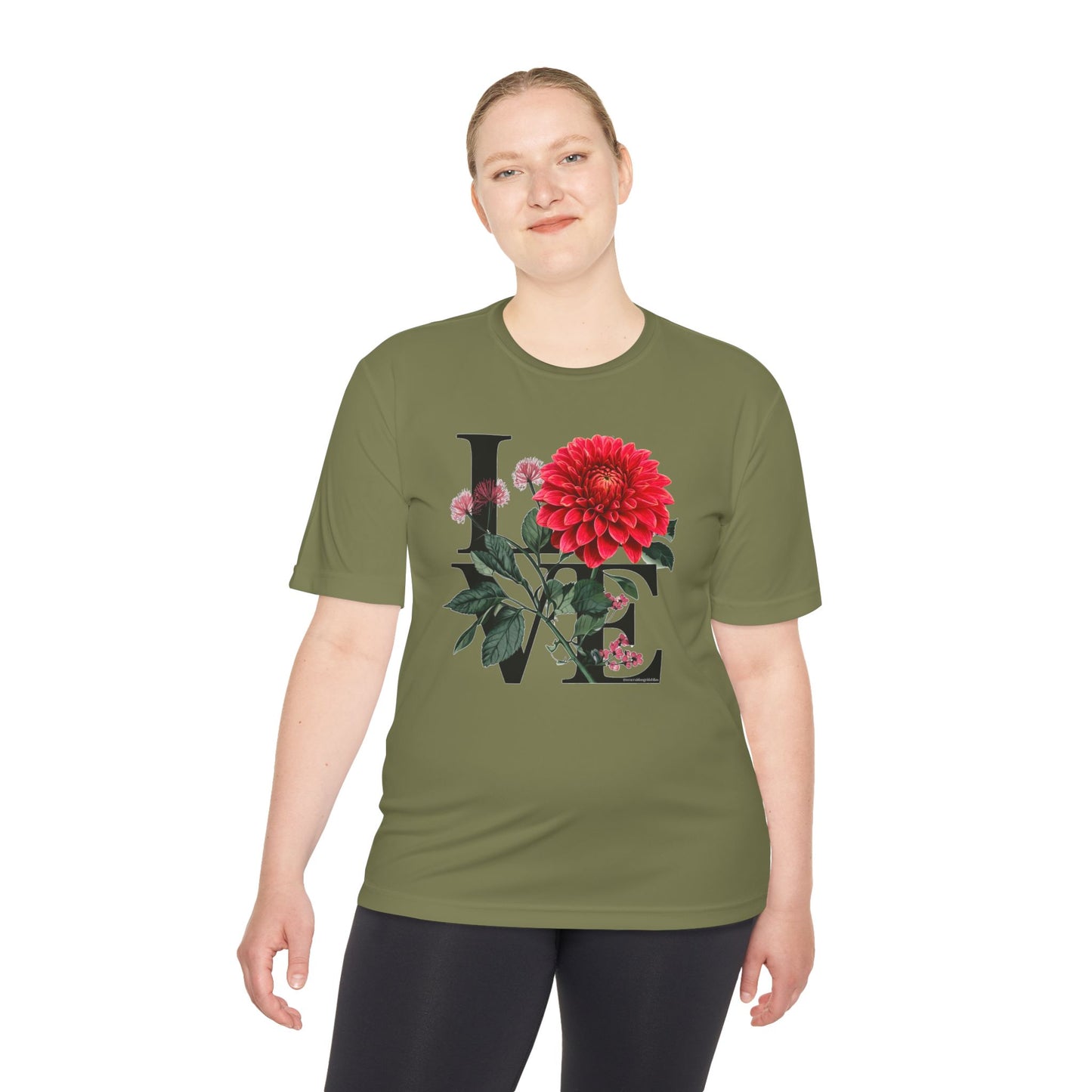 Loves Blossom Dahlia Big Red Bloom on Unisex Sportek Moisture Wicking Polyester Tee