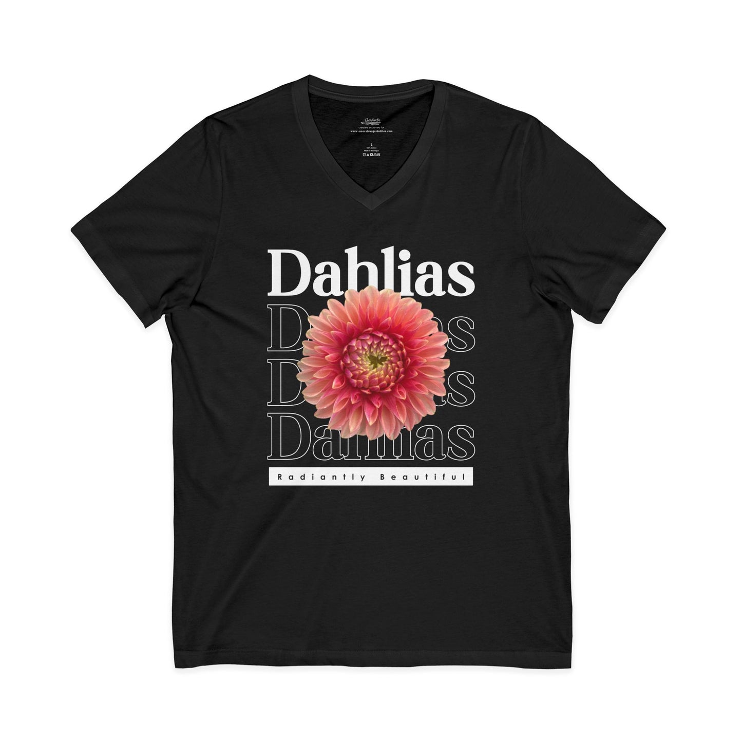 Dahlias Radiantly Beautiful Unisex Jersey Short Sleeve V-Neck Tee San Serif Script Style Peach Bloom