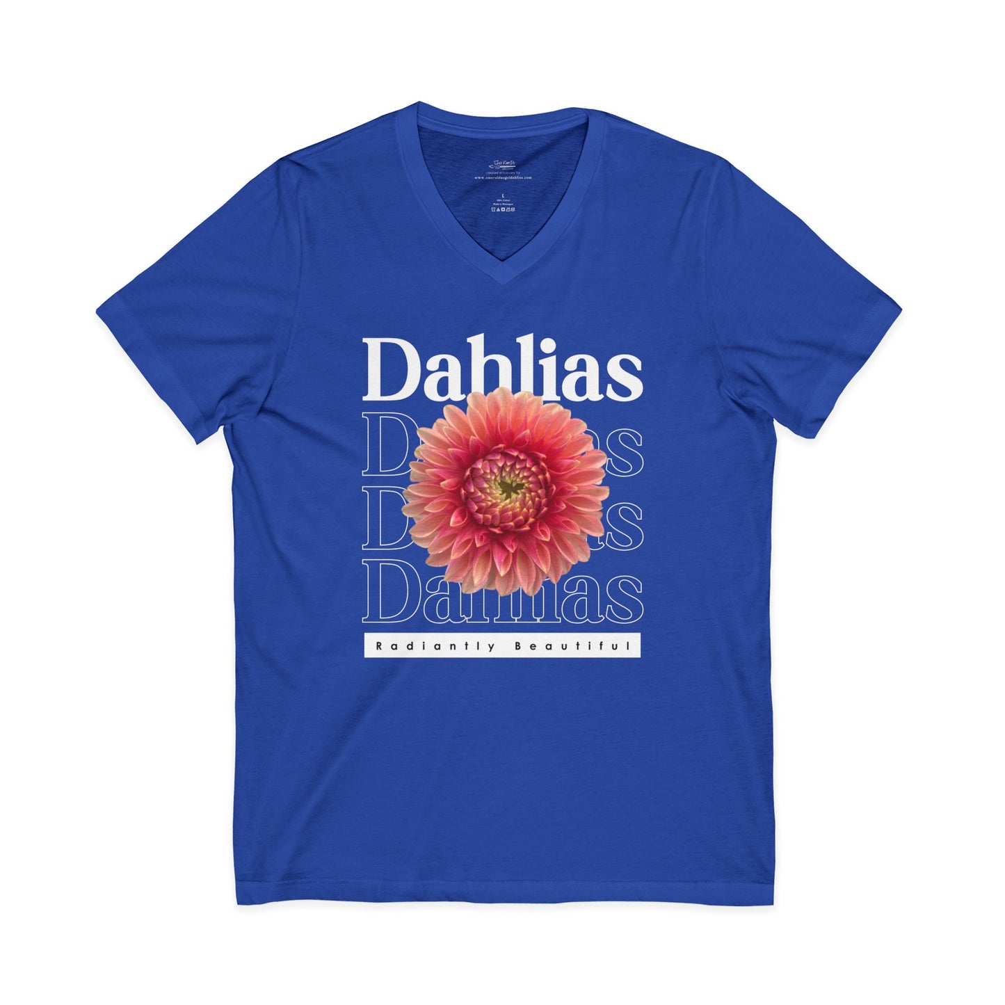 Dahlias Radiantly Beautiful Unisex Jersey Short Sleeve V-Neck Tee San Serif Script Style Peach Bloom
