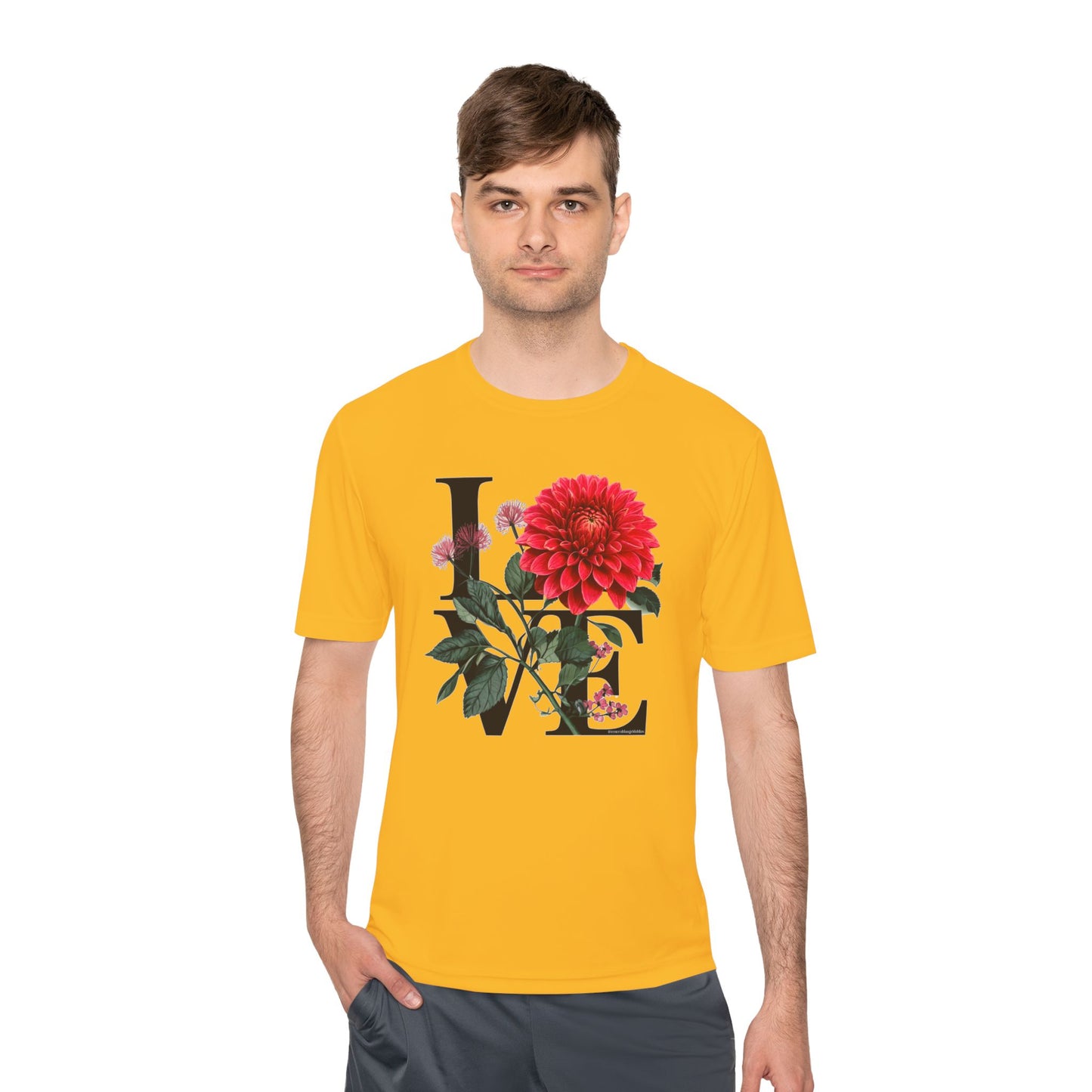 Loves Blossom Dahlia Big Red Bloom on Unisex Sportek Moisture Wicking Polyester Tee