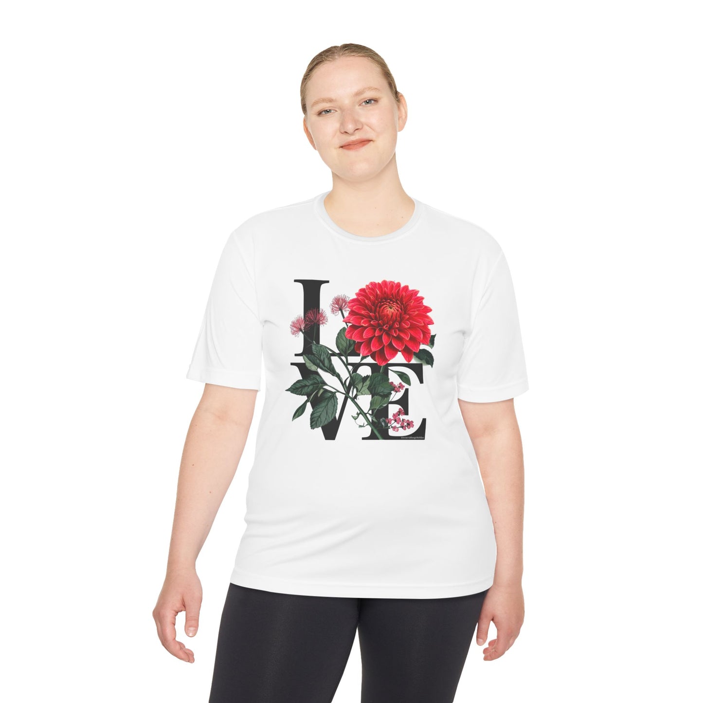 Loves Blossom Dahlia Big Red Bloom on Unisex Sportek Moisture Wicking Polyester Tee